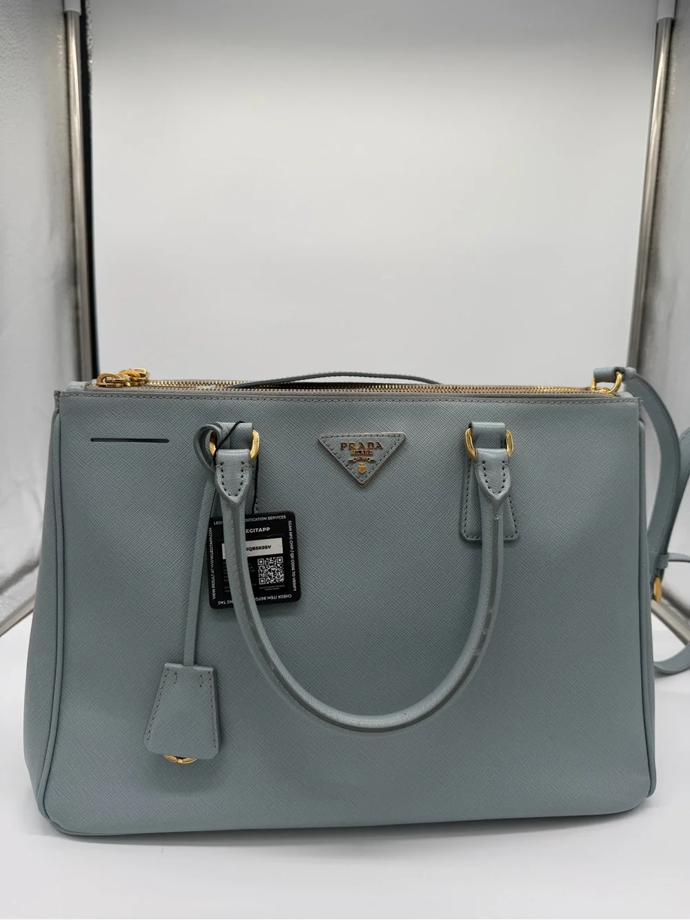 Prada Saffiano Leather Satchel in Light Blue-Gray with Gold Hardware